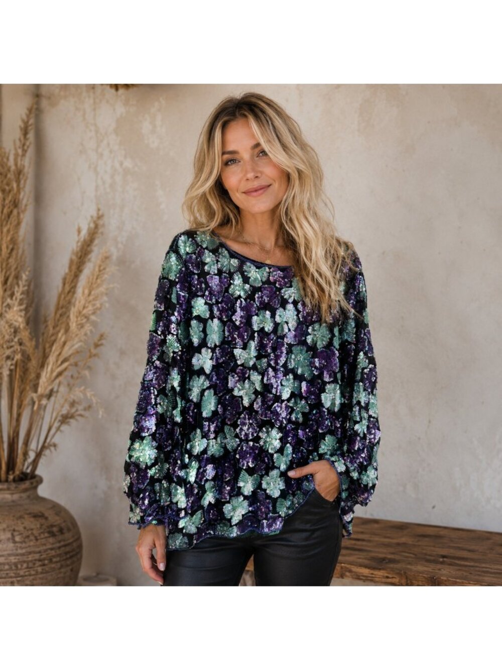 Vintage Jean Le Bon for Something More Purple Teal Sequin Top 2XL